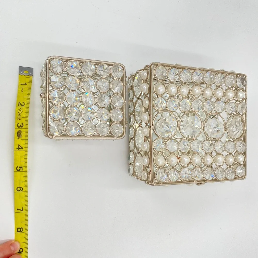 Set of 2 Crystal Rhinestone Beaded Jewelry Mirror Boxes‎ Silver Tone Hinged